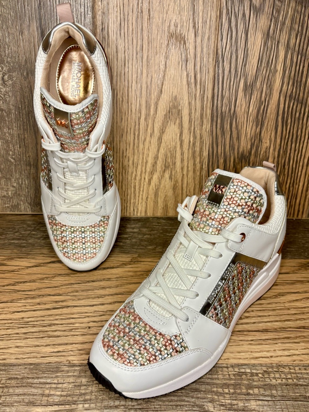 MICHAEL KORS Georgie Trainer Metallic Woven Leather Rose Gold Sneakers Size 10 M